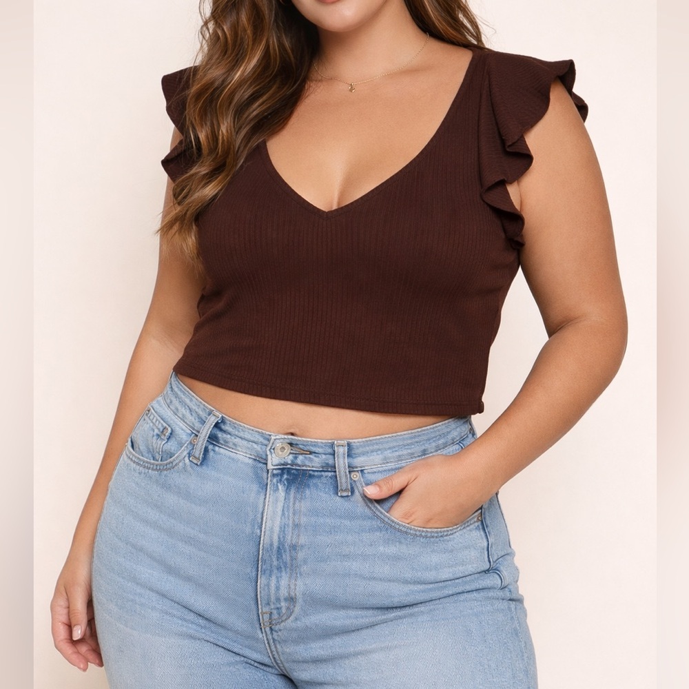 Bar III Women’s XL Brown Ribbed V-Neck Flutter Sleeve Crop Top